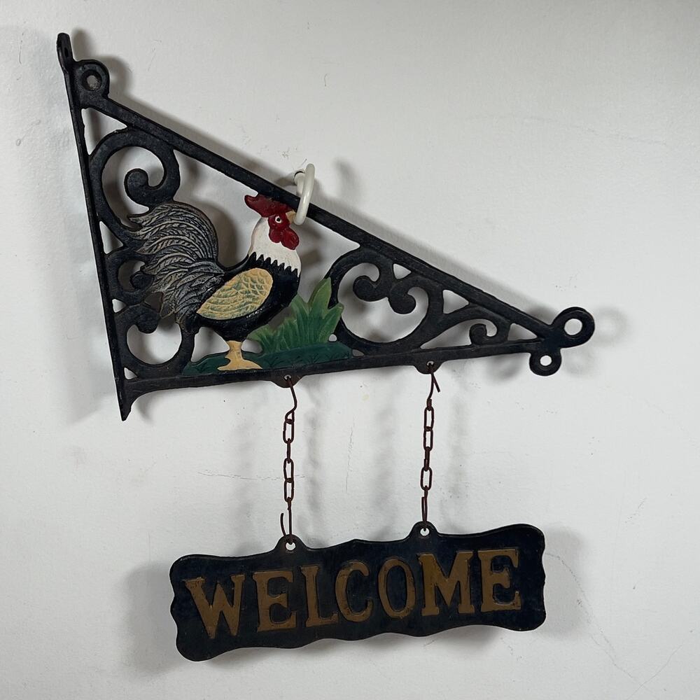 Cast Metal Rooster Welcome Sign Hanging Metal Plaque Farmhouse Country Kitchen